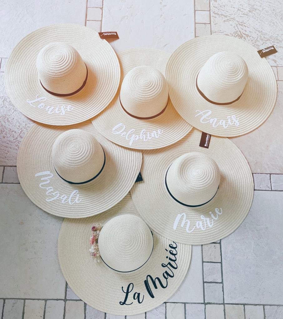 wide brimm beach hat straw hat with text