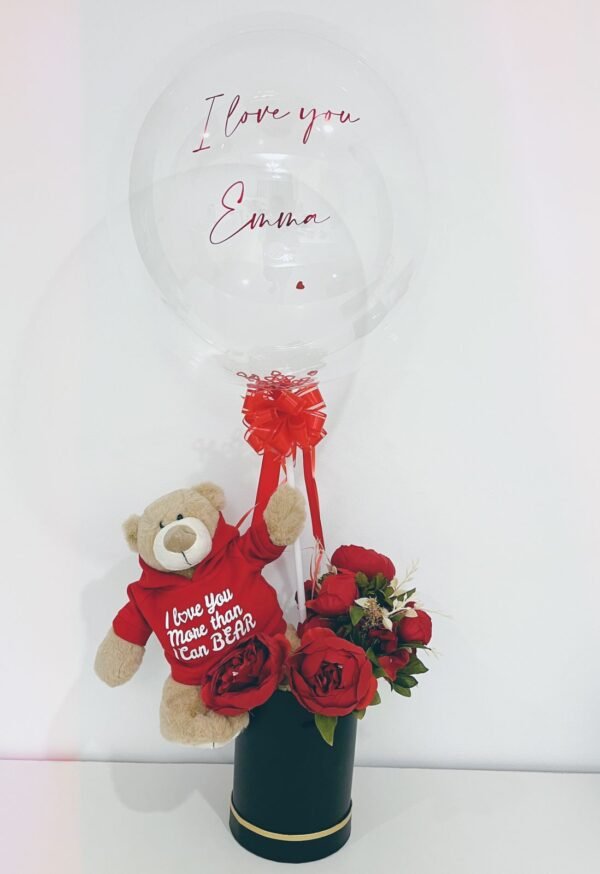 Personalised balloon with teddy bear and bouquet