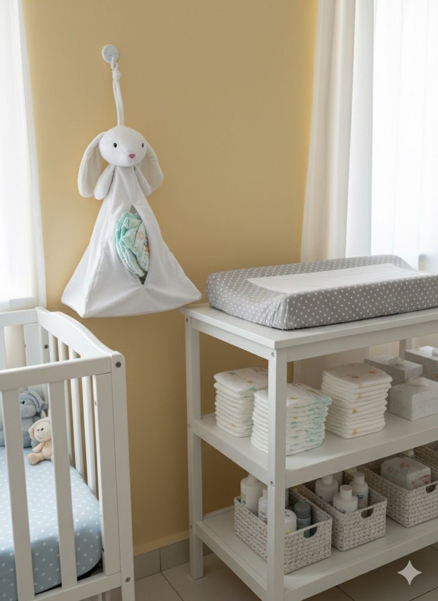 Personalised nursery organiser with nappies stored inside plush hanging pouch
