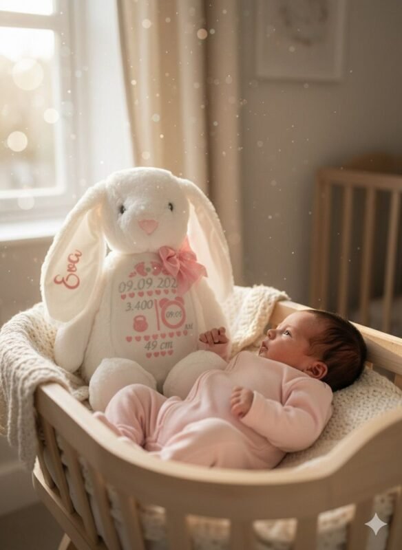 White birth stat bunny personalized with baby name and details, next to a newborn.