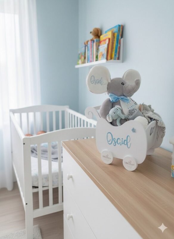 Grey birth stat elephant in newborn hamper set, personalized with baby details.